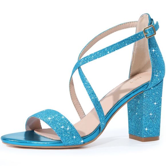 Allegra K Shoes - Glitter Crisscross Strap Block Heels Sandals Lake Blue